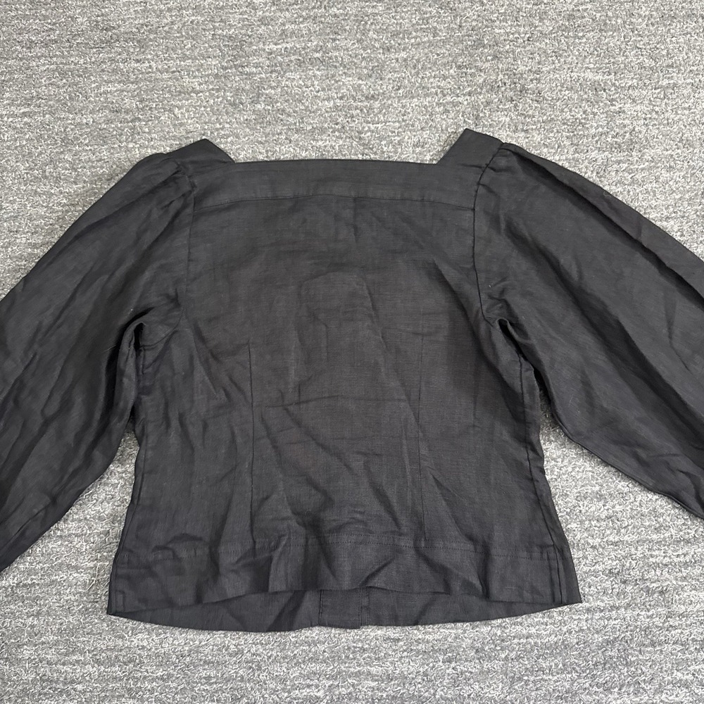 J Crew Shirt Women Small Square Neck Button Front Linen Top Black Peasant Blouse - Picture 9 of 10